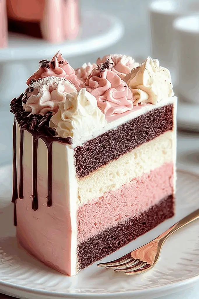 Neapolitan Cake with chocolate, vanilla, and strawberry layers