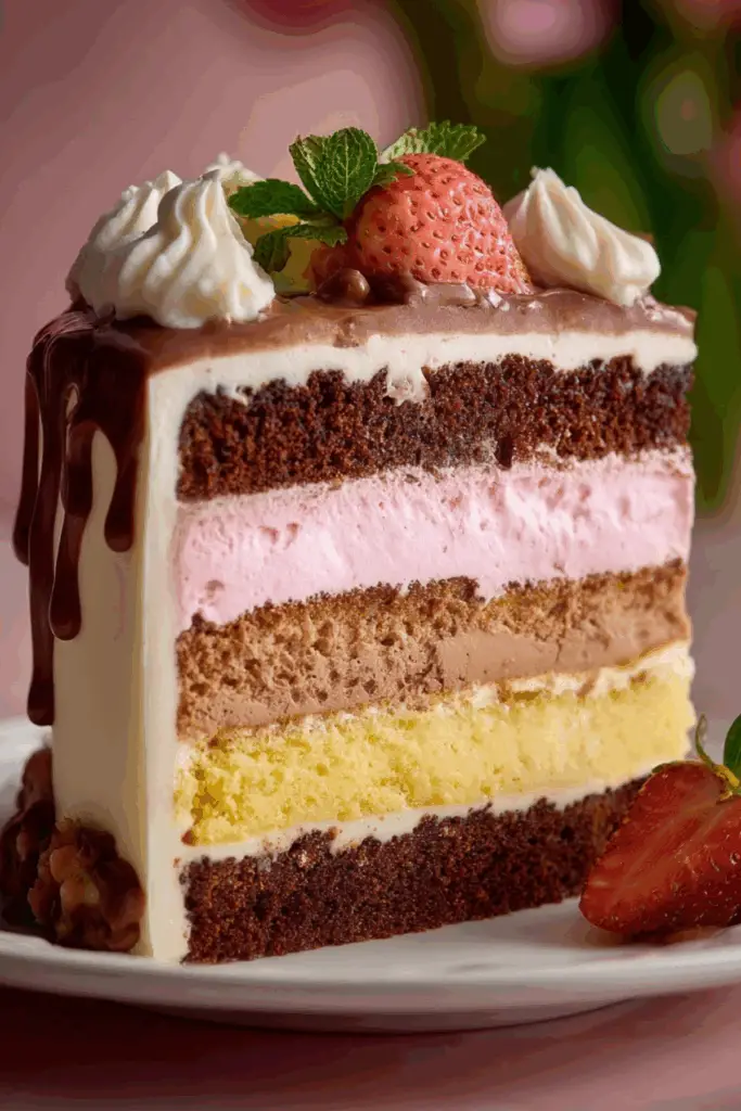 Neapolitan Layer Cake with chocolate, vanilla, and strawberry layers