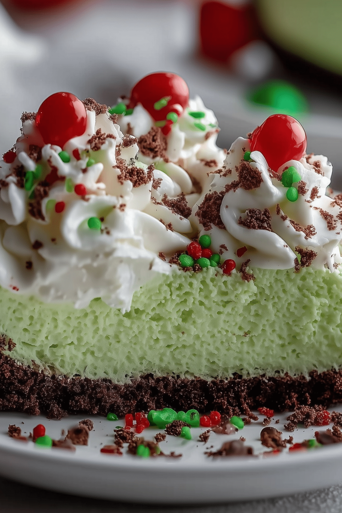 No-Bake Grinch Christmas Cheesecake with festive red heart sprinkles