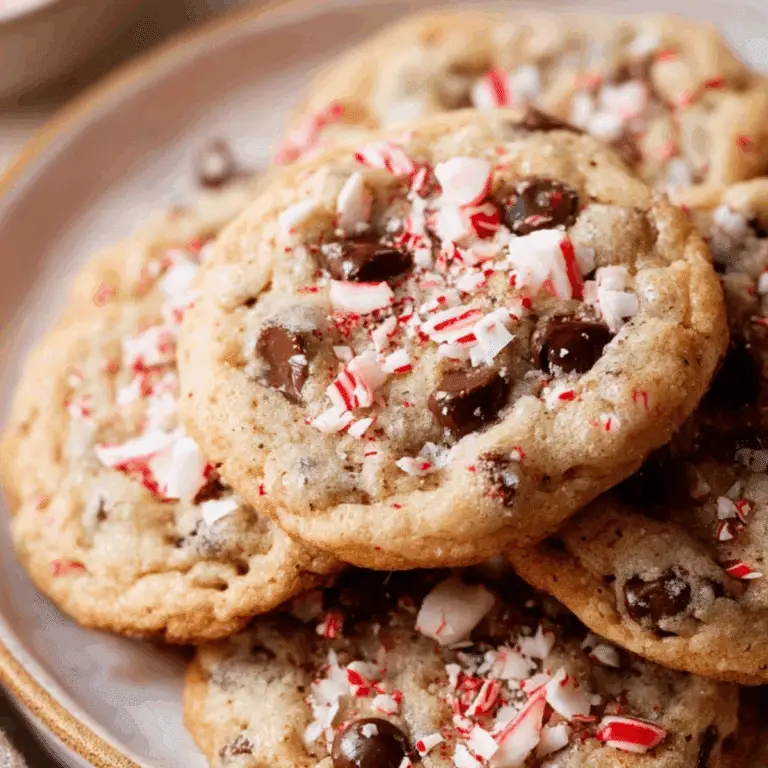 Peppermint Chocolate Chip Cookies with candy cane pieces and chocolate chips