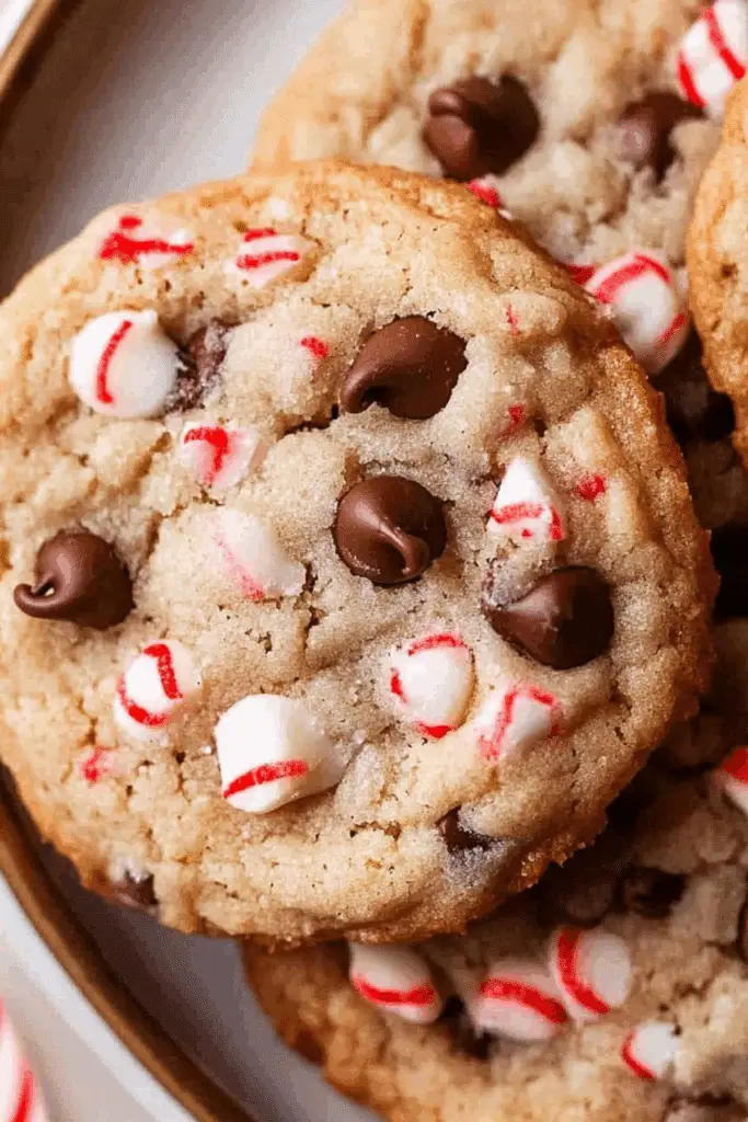 Peppermint Chocolate Chip Cookies with candy cane pieces and chocolate chips