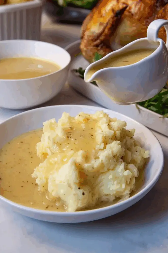 Perfect turkey gravy in a bowl with a golden hue