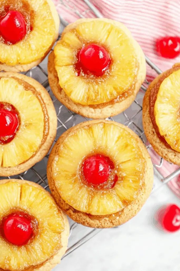 Pineapple Upside Down Sugar Cookies with maraschino cherries and pineapple rings