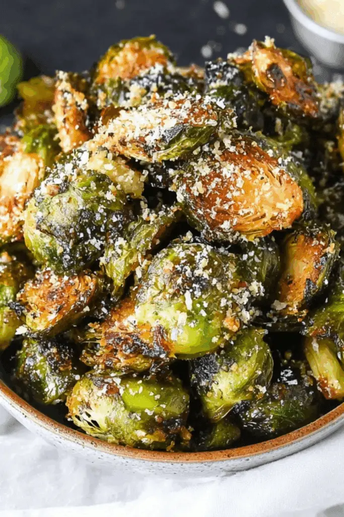 Roasted Crispy Parmesan Garlic Brussels Sprouts on a baking sheet