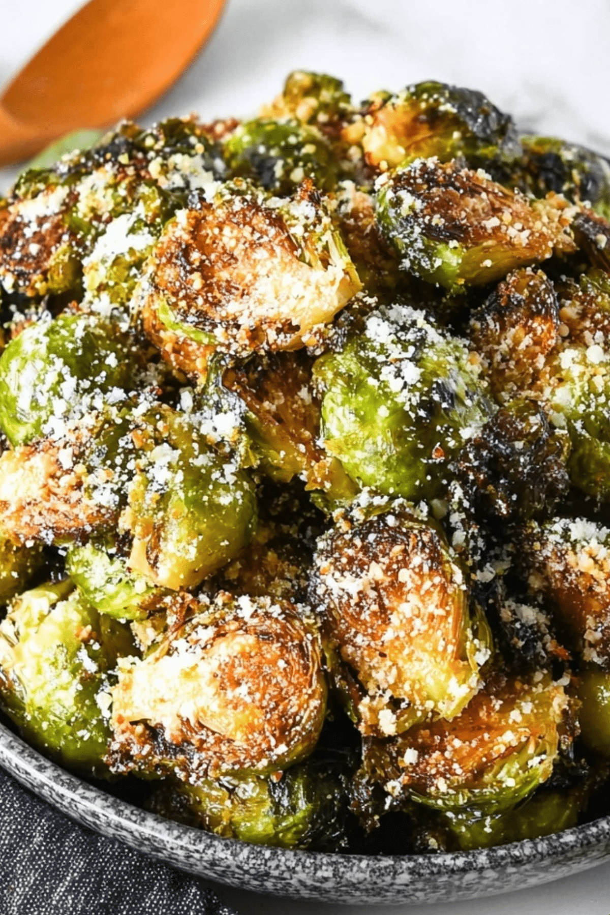 Roasted Crispy Parmesan Garlic Brussels Sprouts on a baking sheet