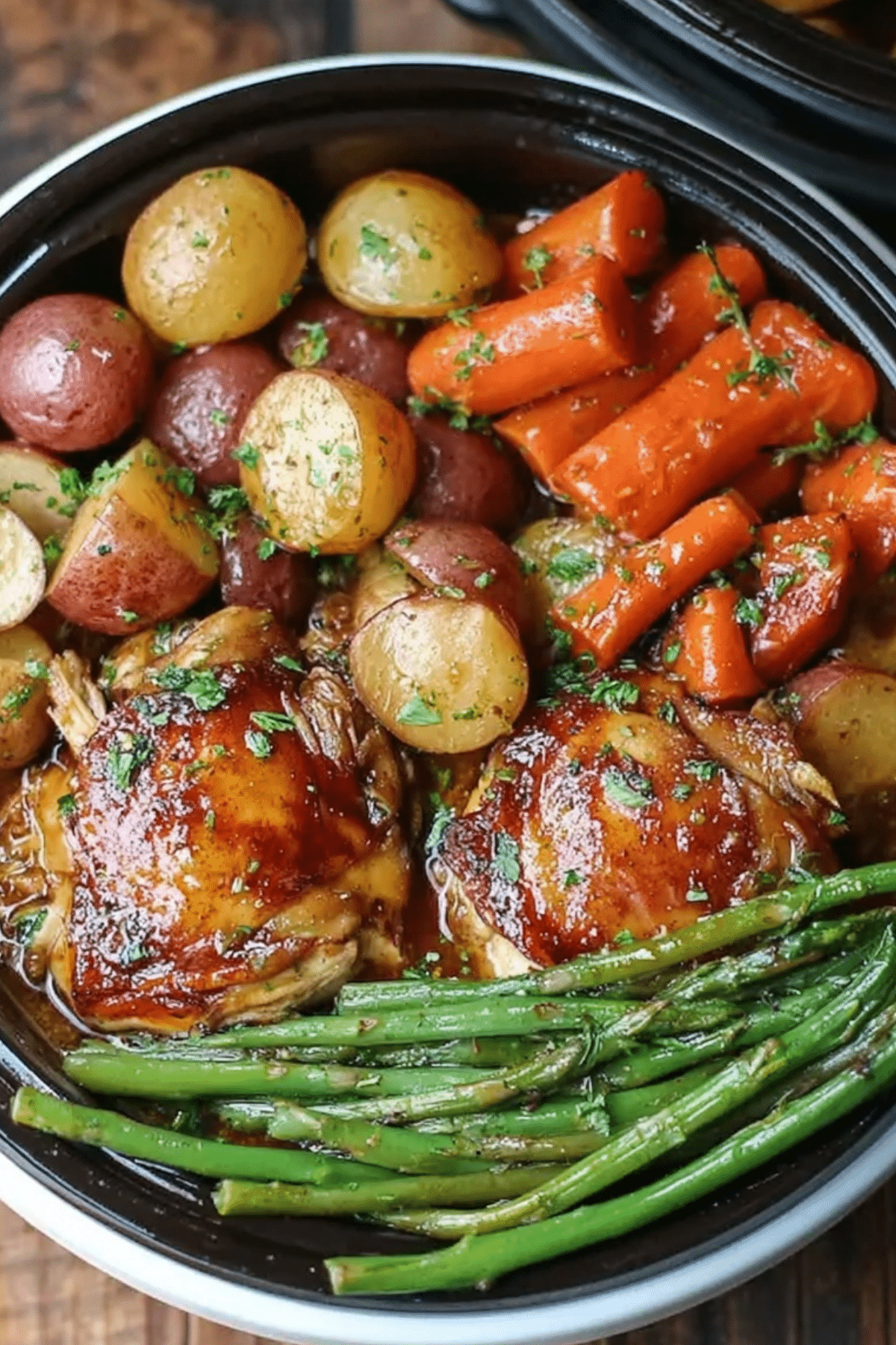 Slow Cooker Honey Garlic Chicken and Veggies recipe with chicken, potatoes, carrots, and green beans