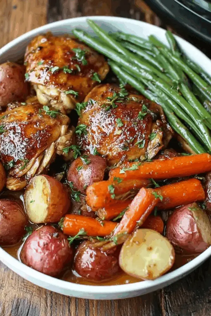 Slow Cooker Honey Garlic Chicken and Veggies recipe with chicken, potatoes, carrots, and green beans