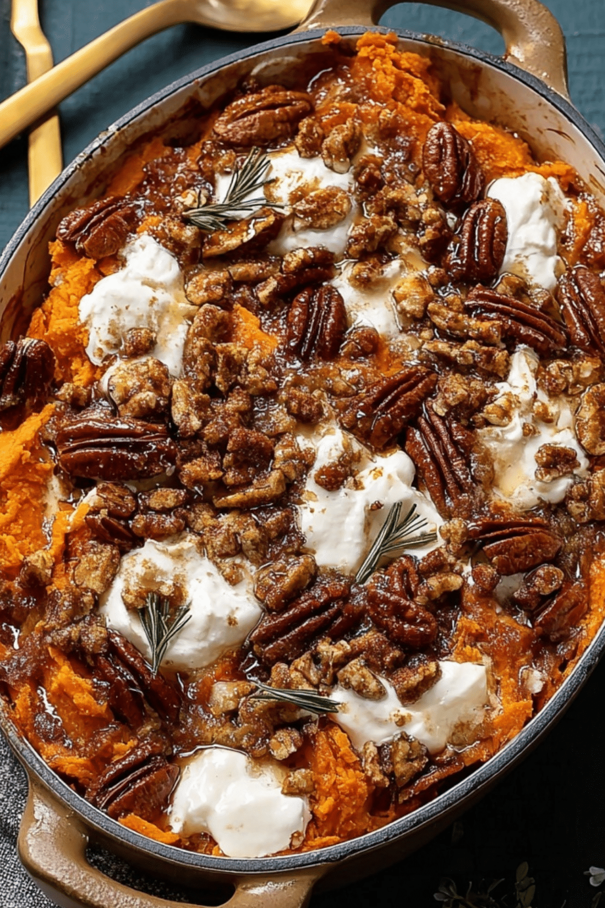 Southern Maple Sweet Potato Casserole with pecan topping
