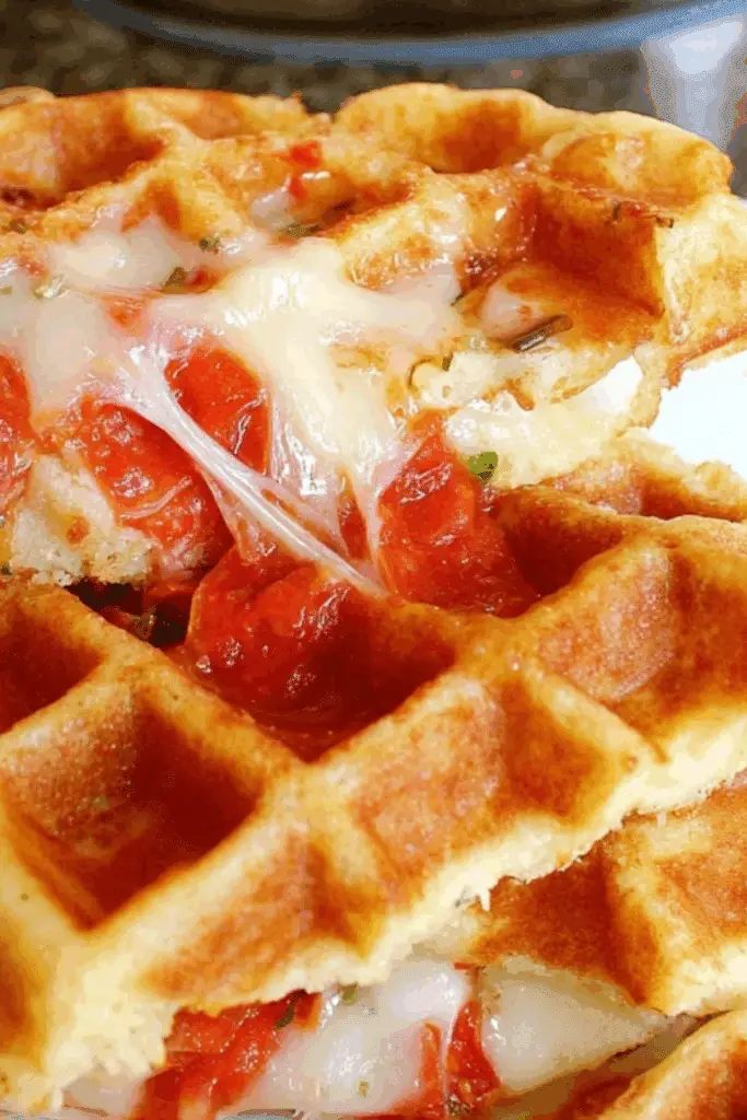 Stuffed Pepperoni Pizza Waffles cooked in waffle iron with melted cheese