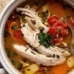 A bowl of creamy Tuscan Chicken Soup filled with vegetables and shredded chicken.
