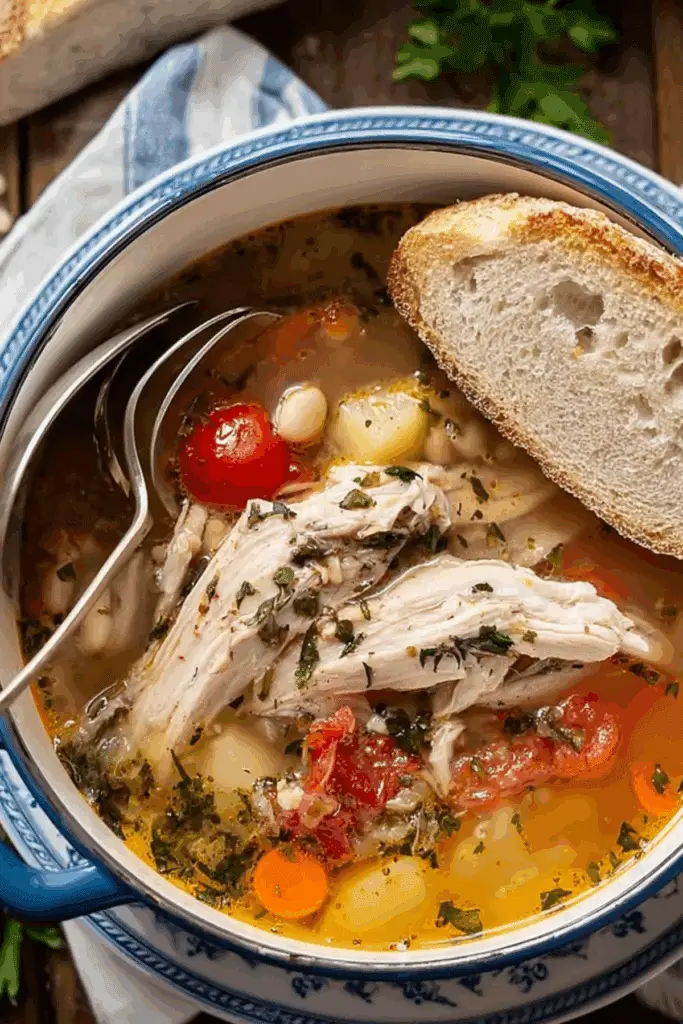 A bowl of creamy Tuscan Chicken Soup filled with vegetables and shredded chicken.