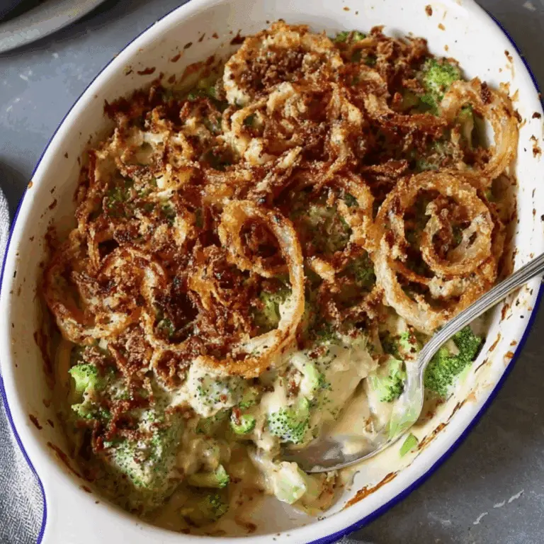 Vegan Broccoli Casserole with creamy cashew milk sauce and crispy onions