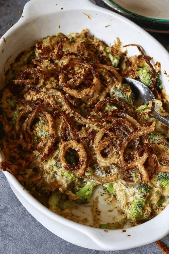 Vegan Broccoli Casserole with creamy cashew milk sauce and crispy onions