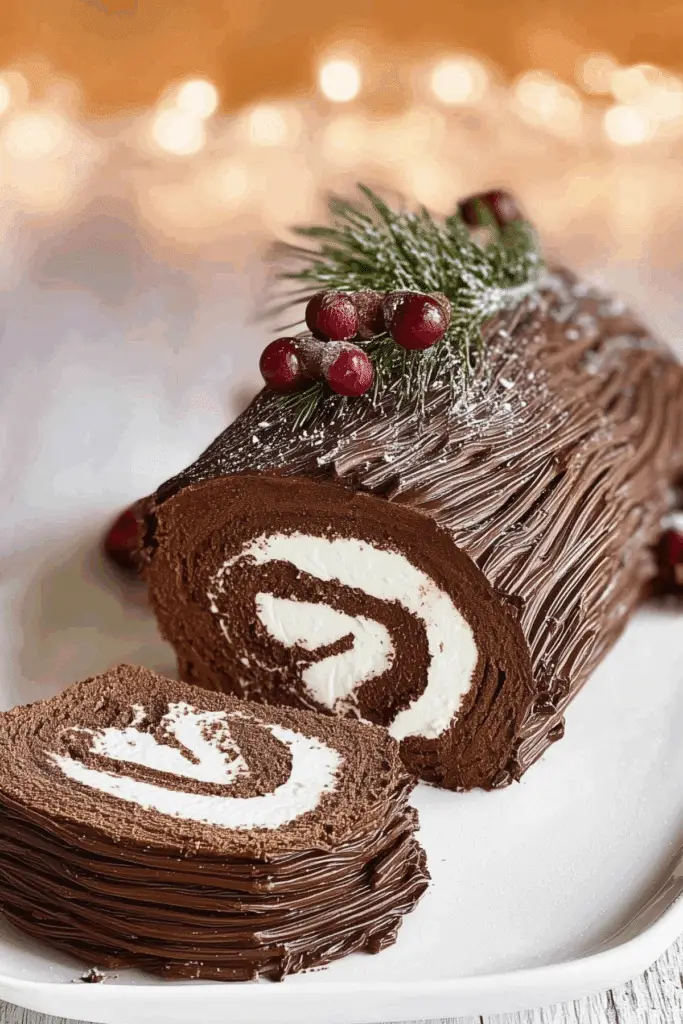 Yule Log Cake decorated with cranberries and powdered sugar for Christmas
