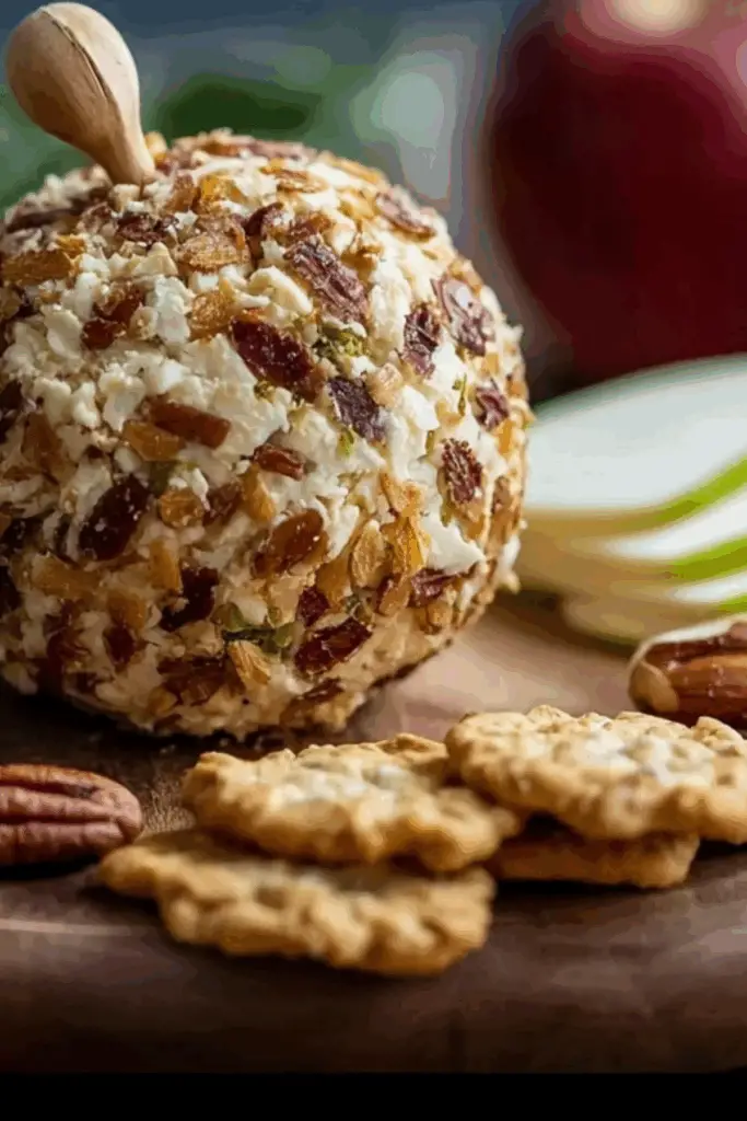 Acorn Cheeseball with pecan cap and pretzel stem