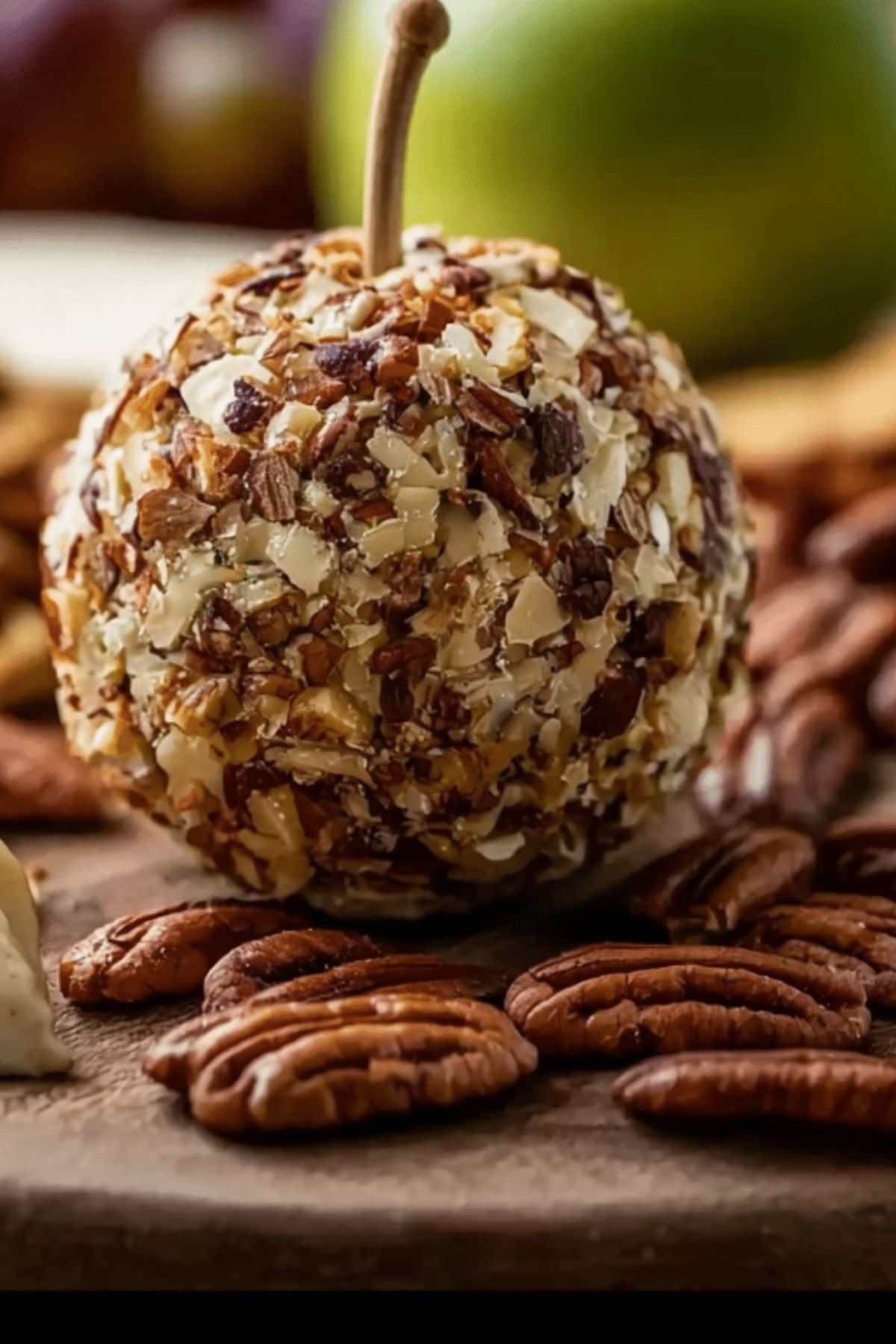 Acorn Cheeseball with pecan cap and pretzel stem