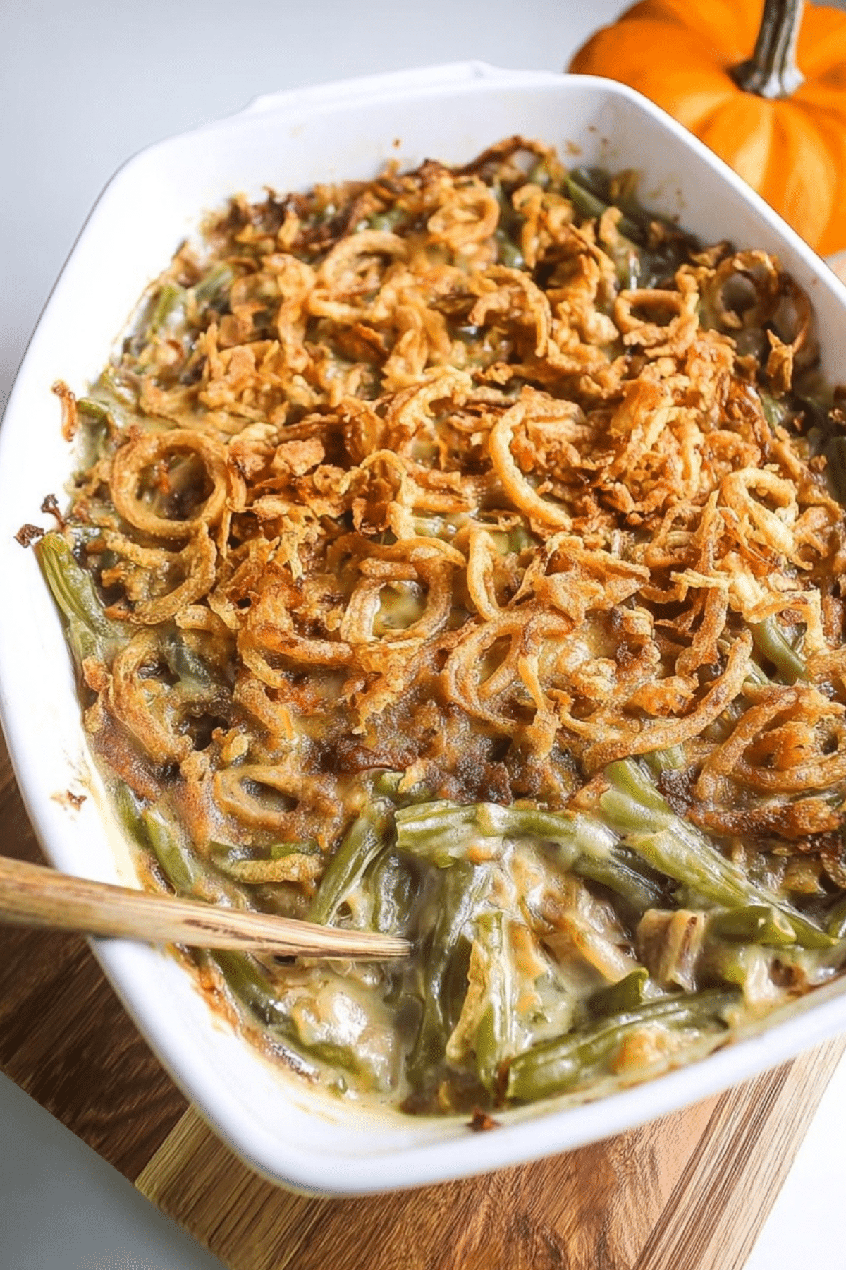 Campbells Green Bean Casserole baked in dish with crispy onion topping