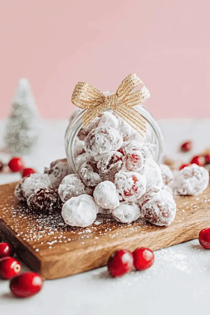 Candied Cranberries coated in sugar on baking sheet