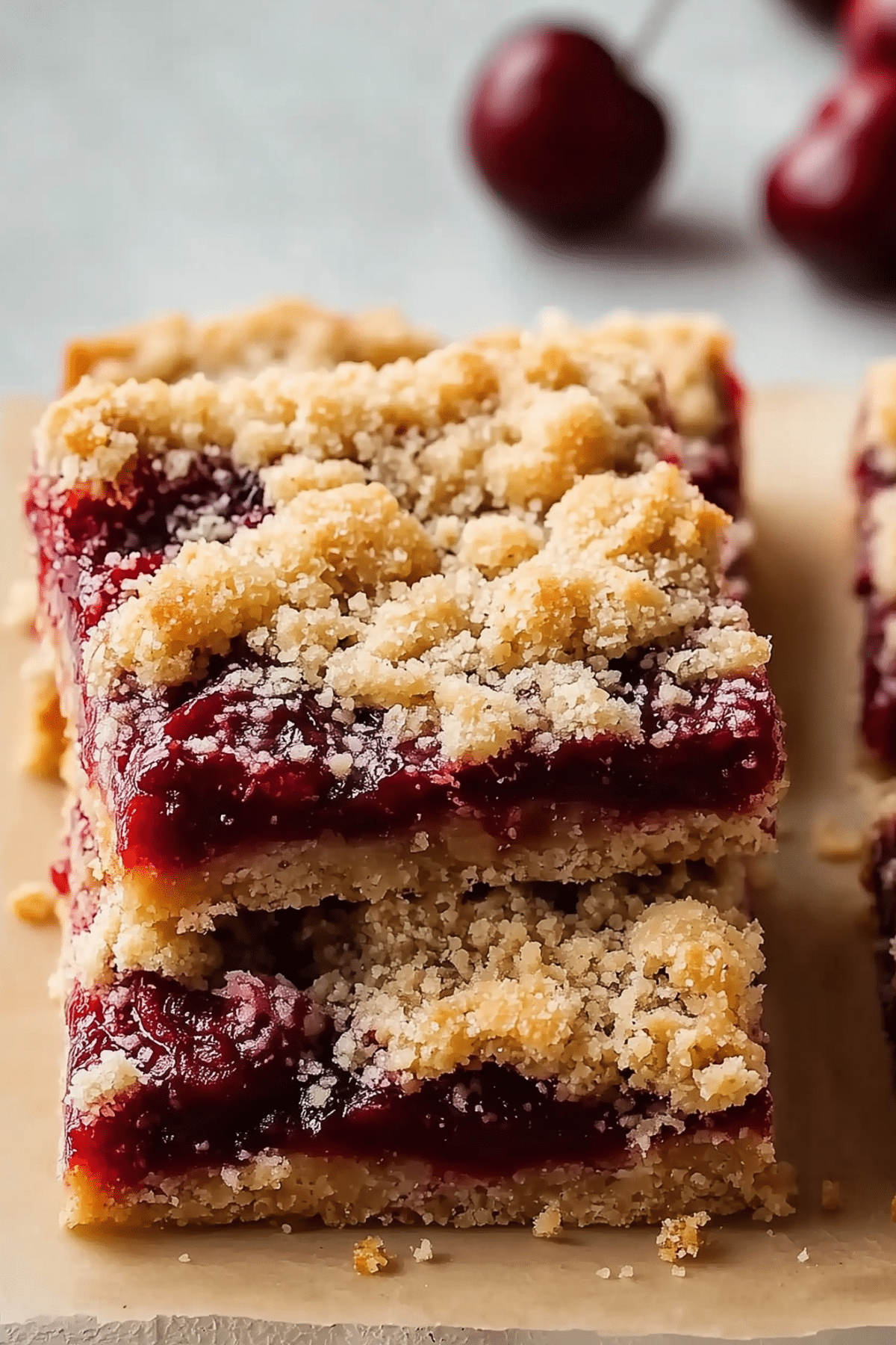 Cherry crumble bars with a golden, buttery crumble topping and sweet cherry filling