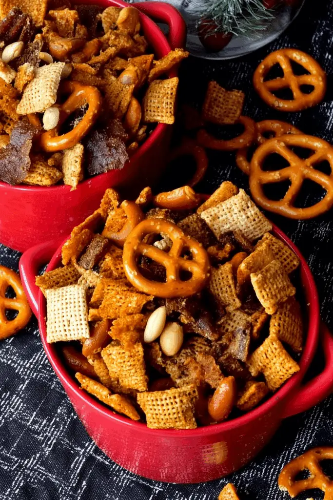 Christmas Eve Savoury Snack Mix recipe with crunchy pretzels and cheese crackers