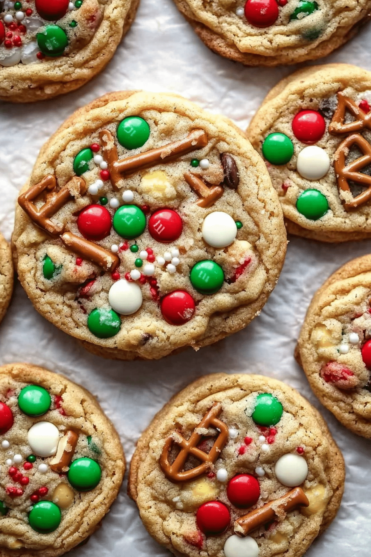 Christmas Kitchen Sink Cookies with chocolate chips and festive add-ins