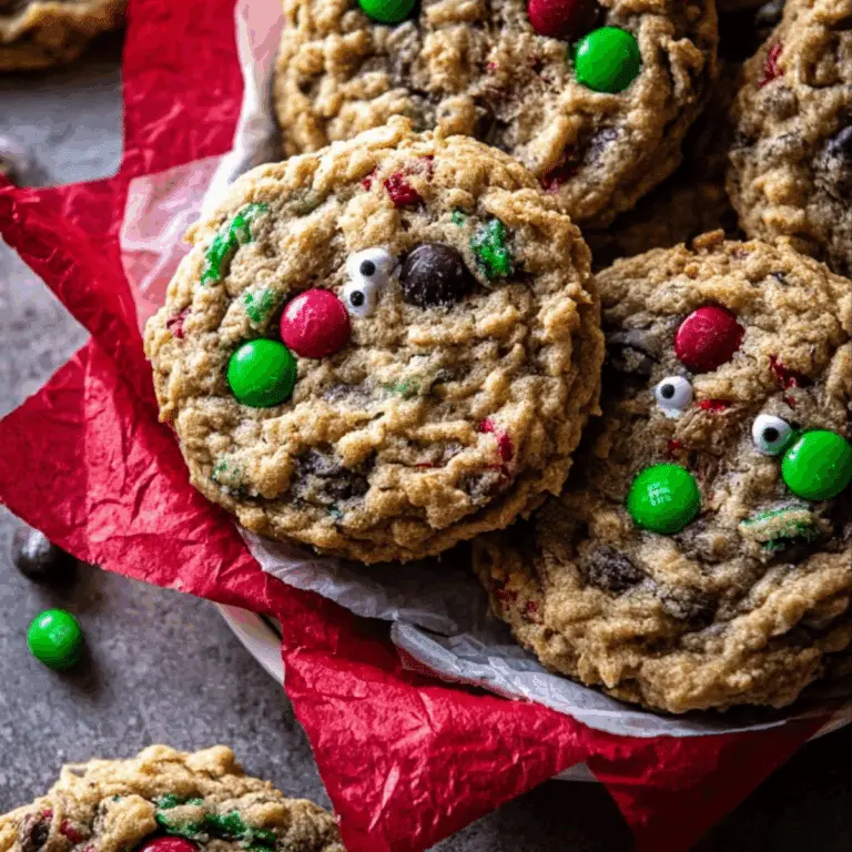 Christmas Monster Cookies with chocolate, pretzels, and M&M’s