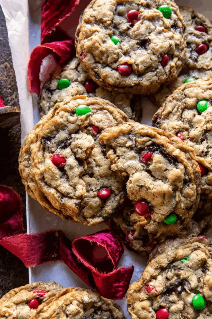 Christmas Monster Cookies with chocolate, pretzels, and M&M’s