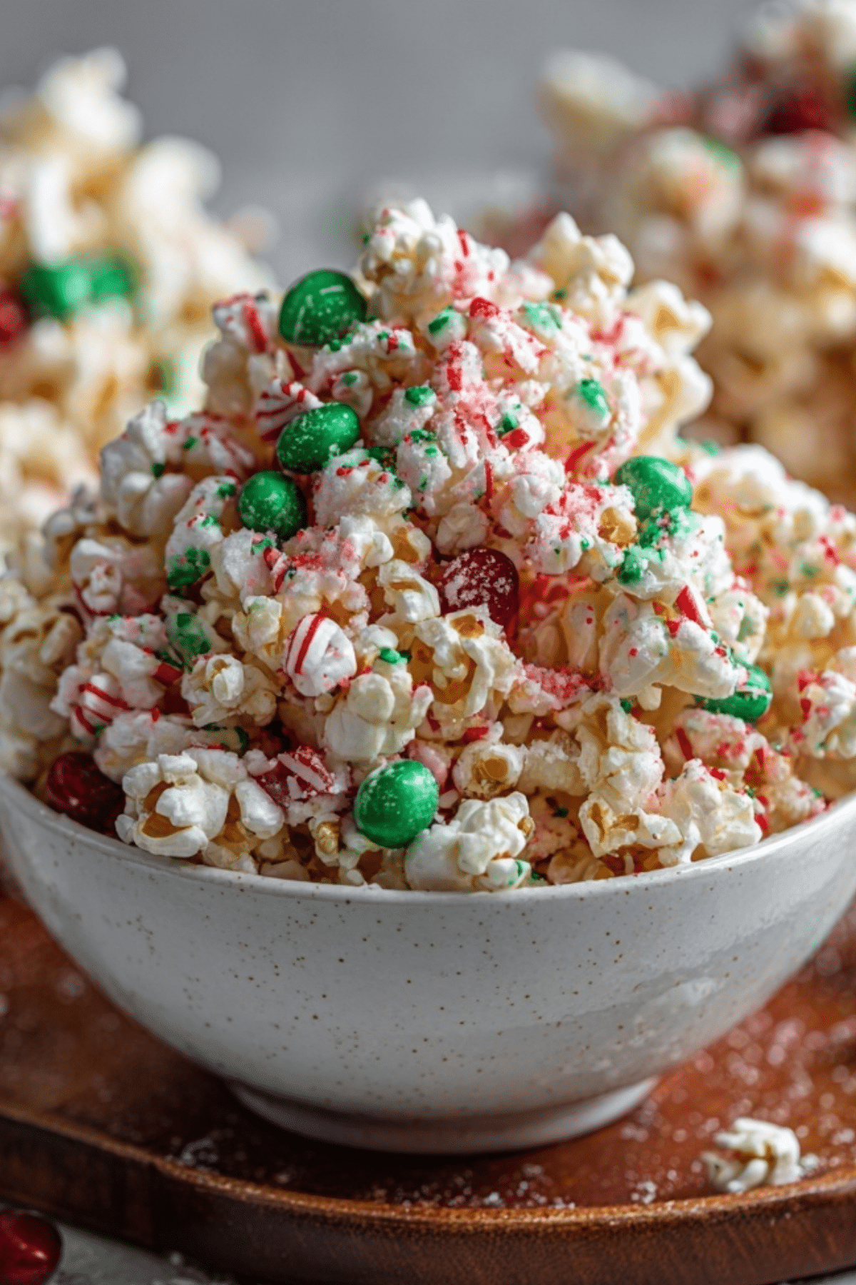Christmas Popcorn Candy with white chocolate, M&Ms, and candy canes