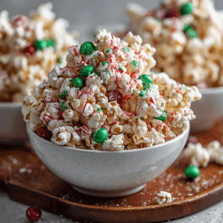 Christmas Popcorn Candy with white chocolate, M&Ms, and candy canes