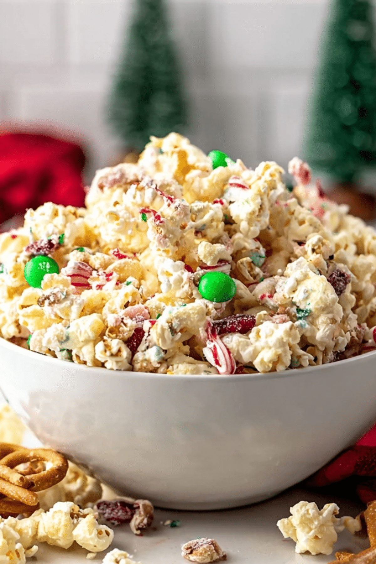bowl of Christmas Popcorn snack with red and green holiday toppings