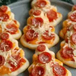 Christmas Tree Mini Pizzas decorated with cheese and pepperoni