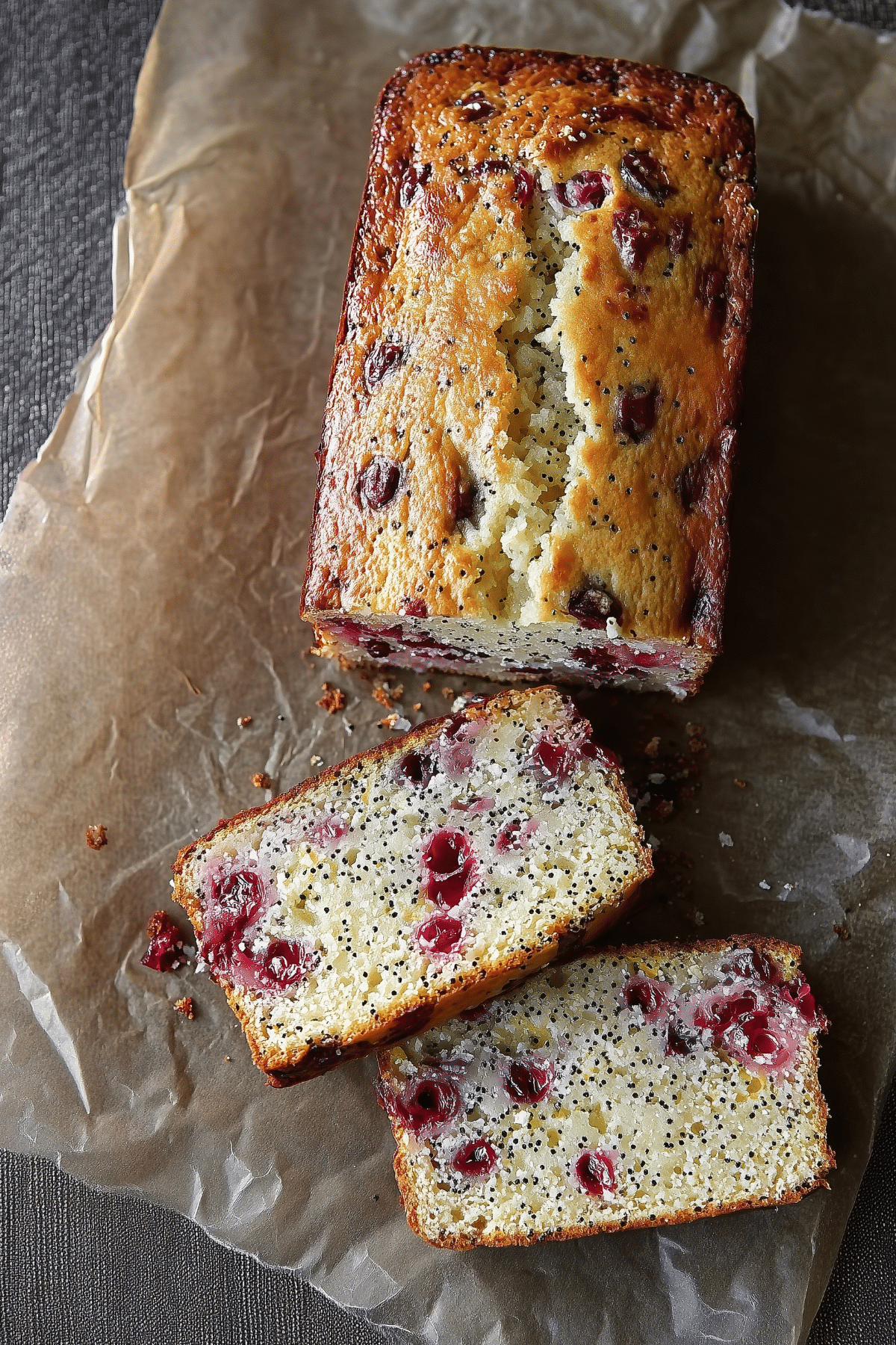 Cranberry Lemon Poppyseed Loaf sliced with glaze