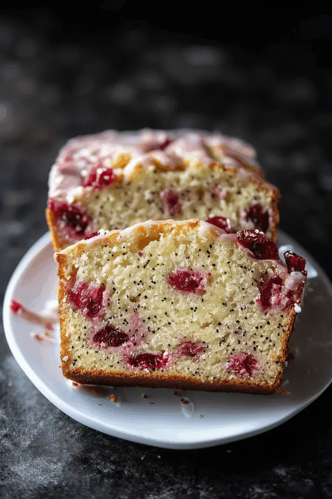 Cranberry Lemon Poppyseed Loaf sliced with glaze
