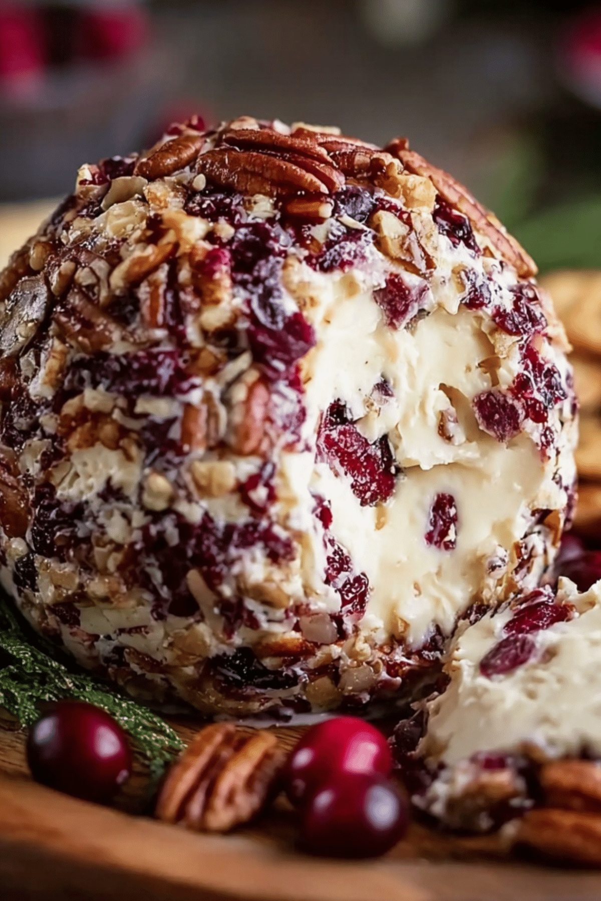 Cranberry Pecan Cheese Ball served with crackers and fruit