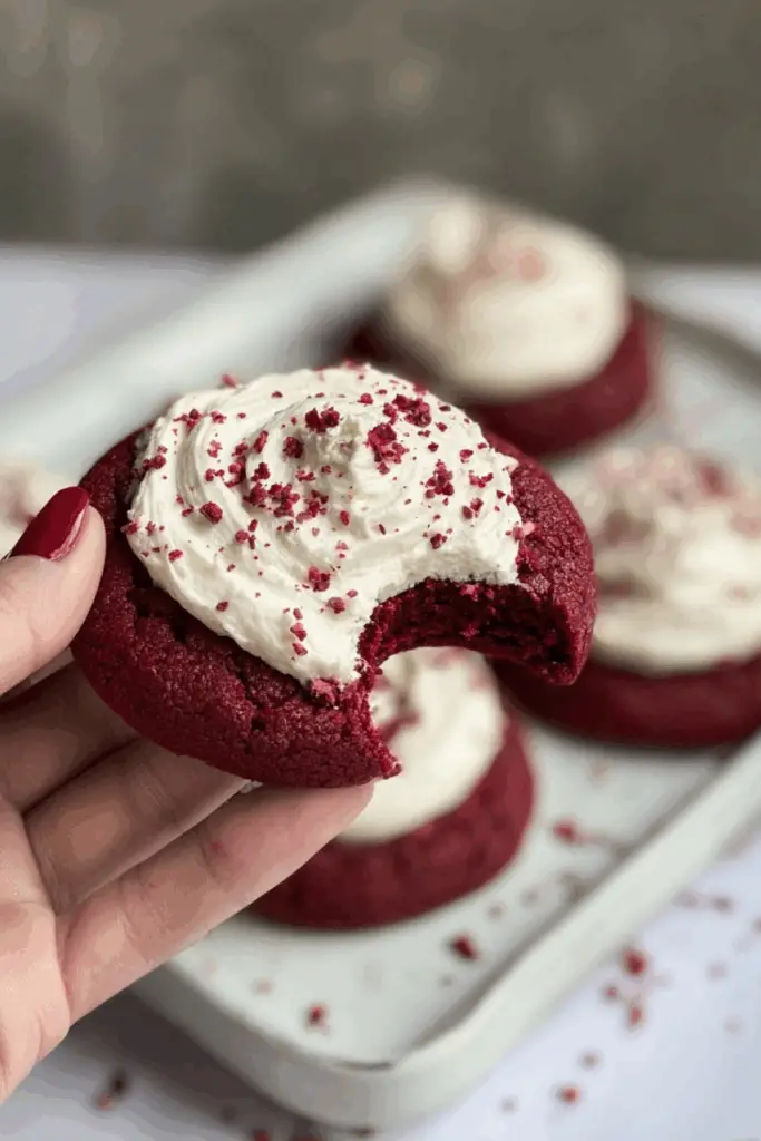 Crumbl Copycat Red Velvet Cookies topped with cream cheese frosting