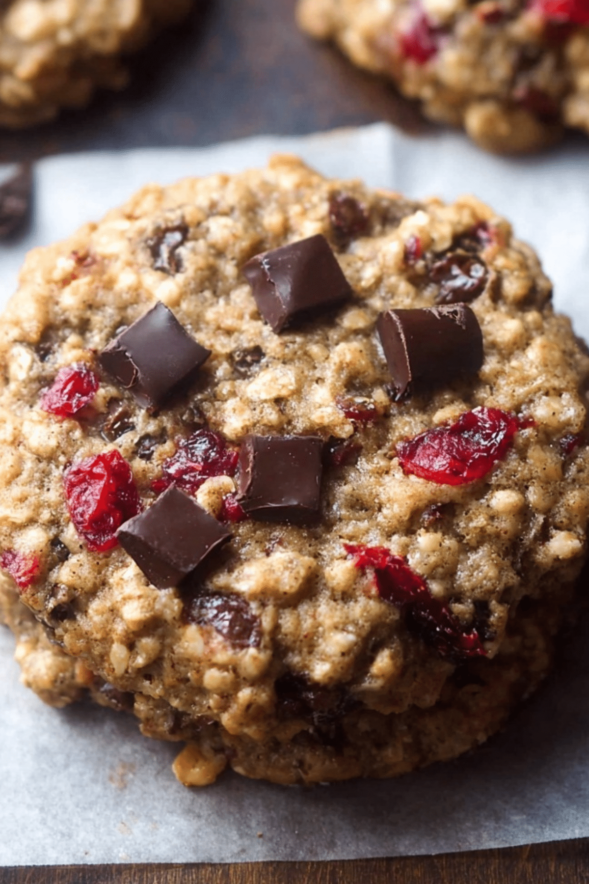 Soft and chewy Dark Chocolate Cranberry Oatmeal Cookies on baking tray