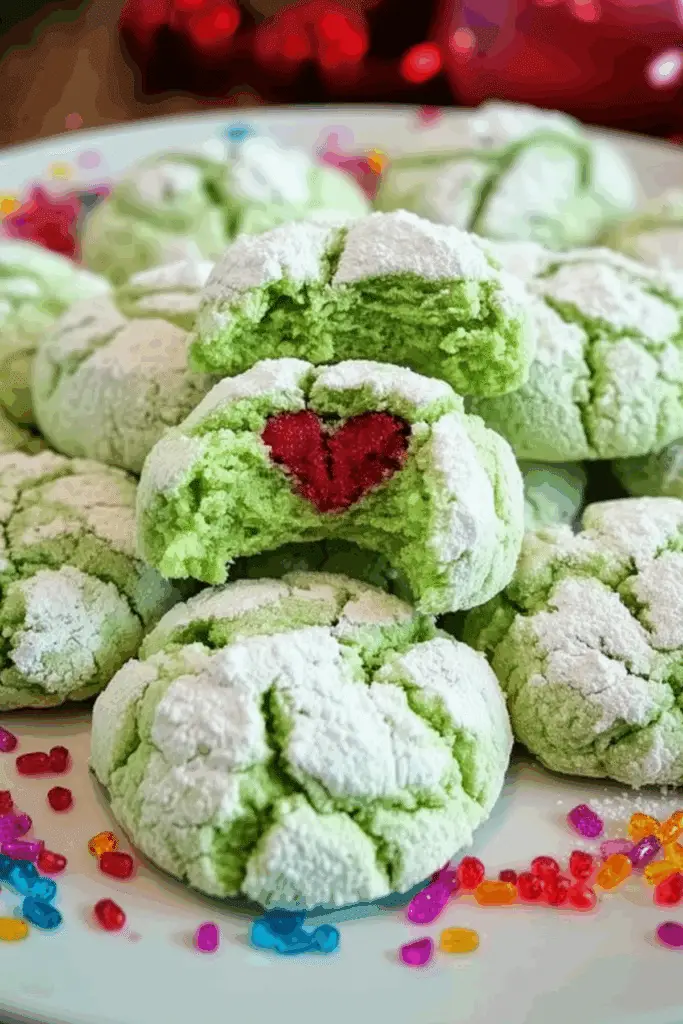 Festive Crinkle Cookies with red hearts on top, dusted in sugar