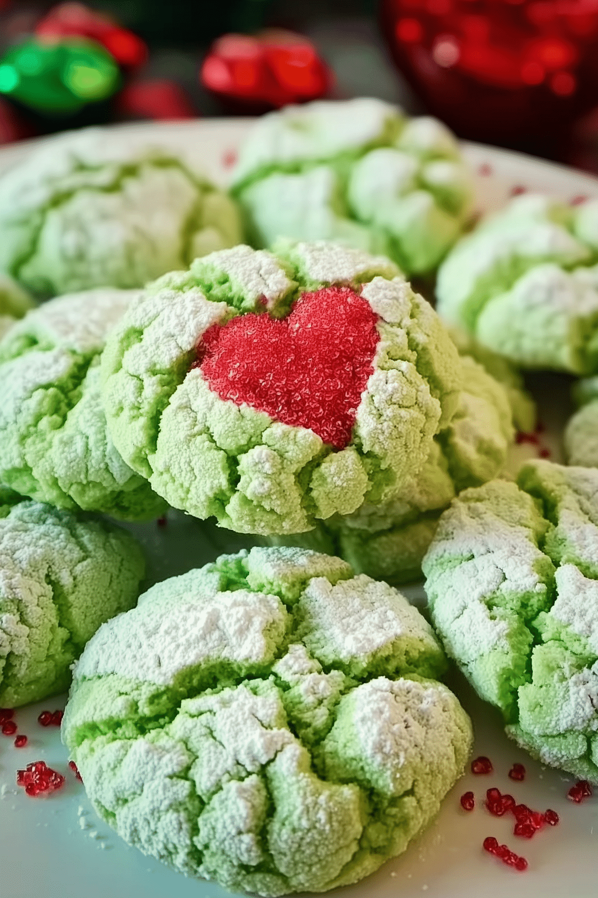Festive Crinkle Cookies with red hearts on top, dusted in sugar