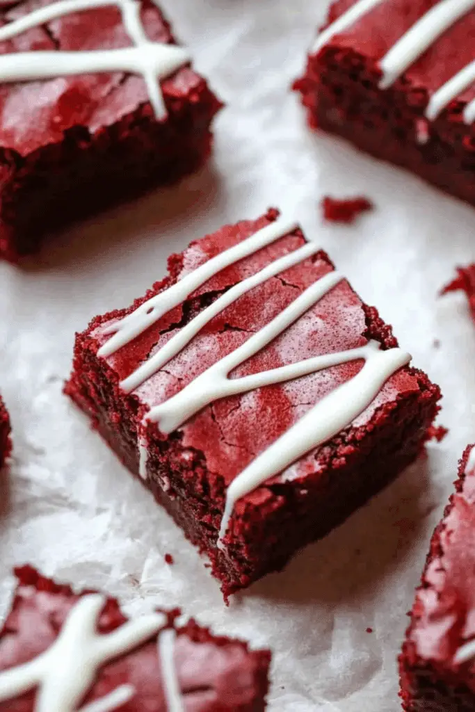 Fudgy Red Velvet Brownies stacked on a plate with cream cheese frosting