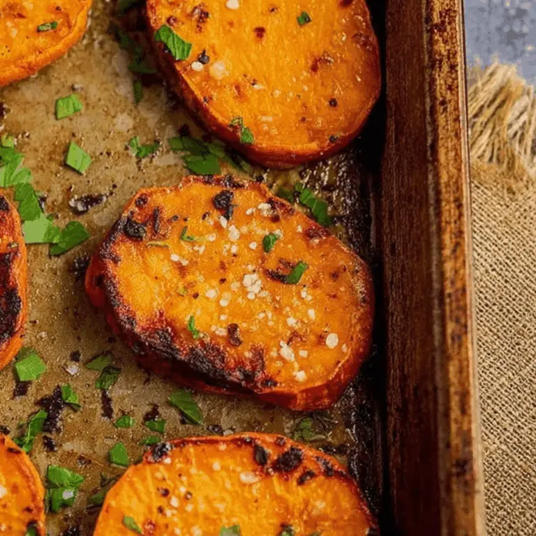 Garlic Butter Roasted Sweet Potatoes on a baking sheet