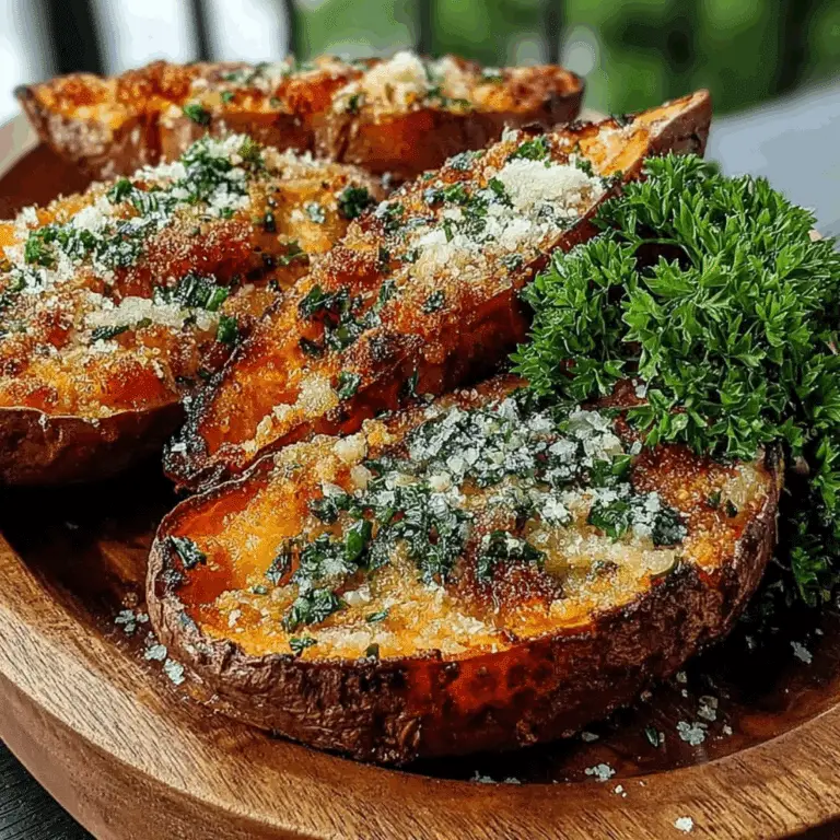 Garlic Parmesan Sweet Potato Wedges served on a plate with fresh parsley