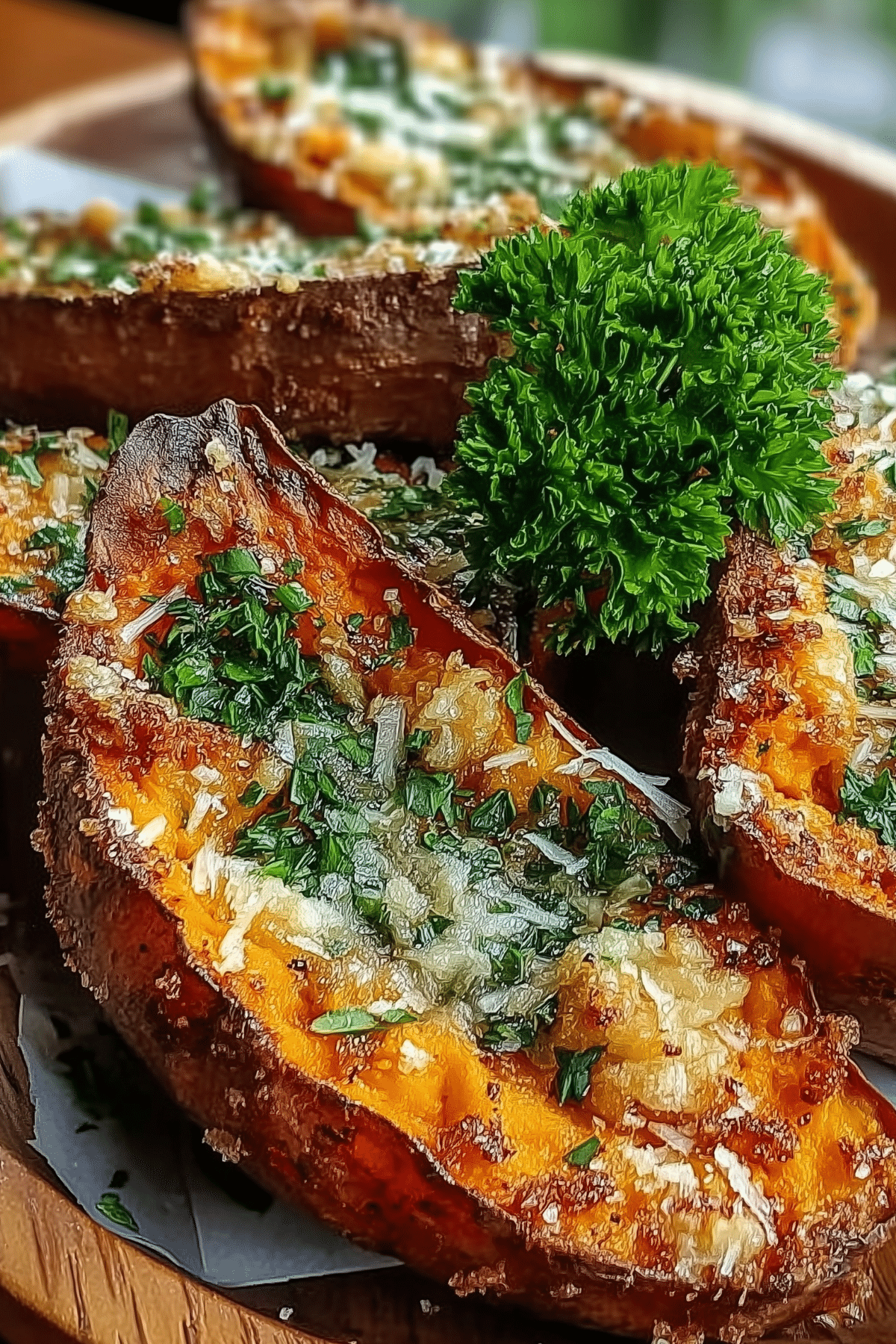 Garlic Parmesan Sweet Potato Wedges served on a plate with fresh parsley
