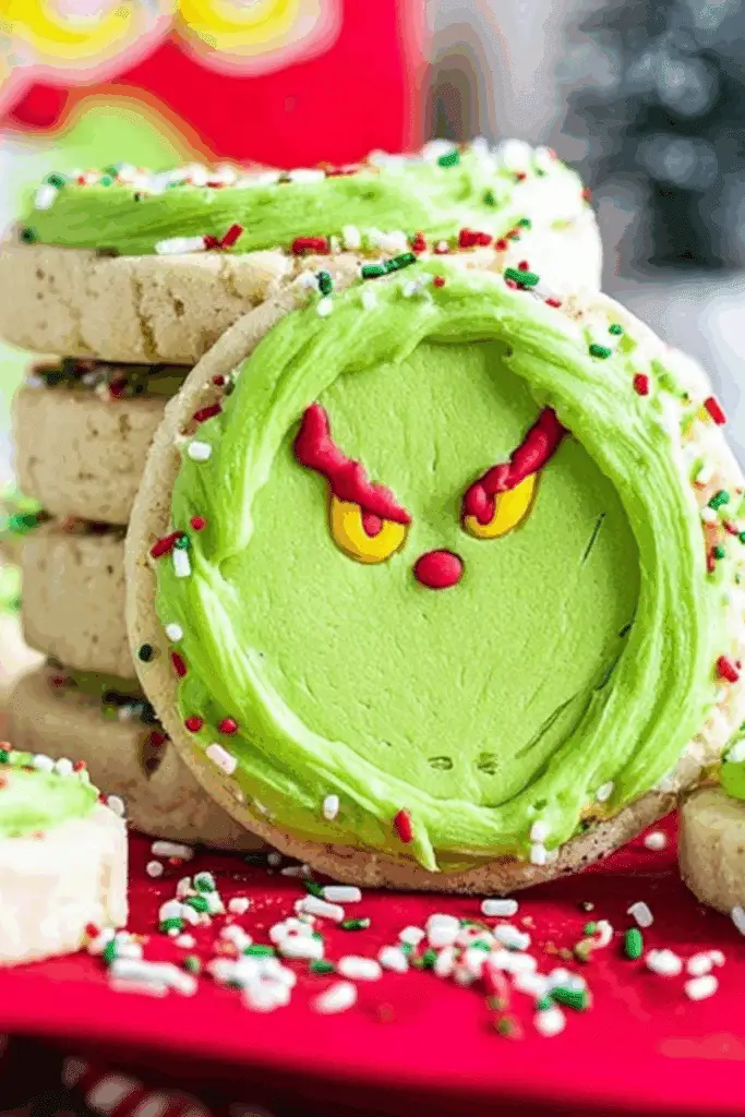 Grinch Crumbl Christmas Sugar Cookies with green frosting and red heart