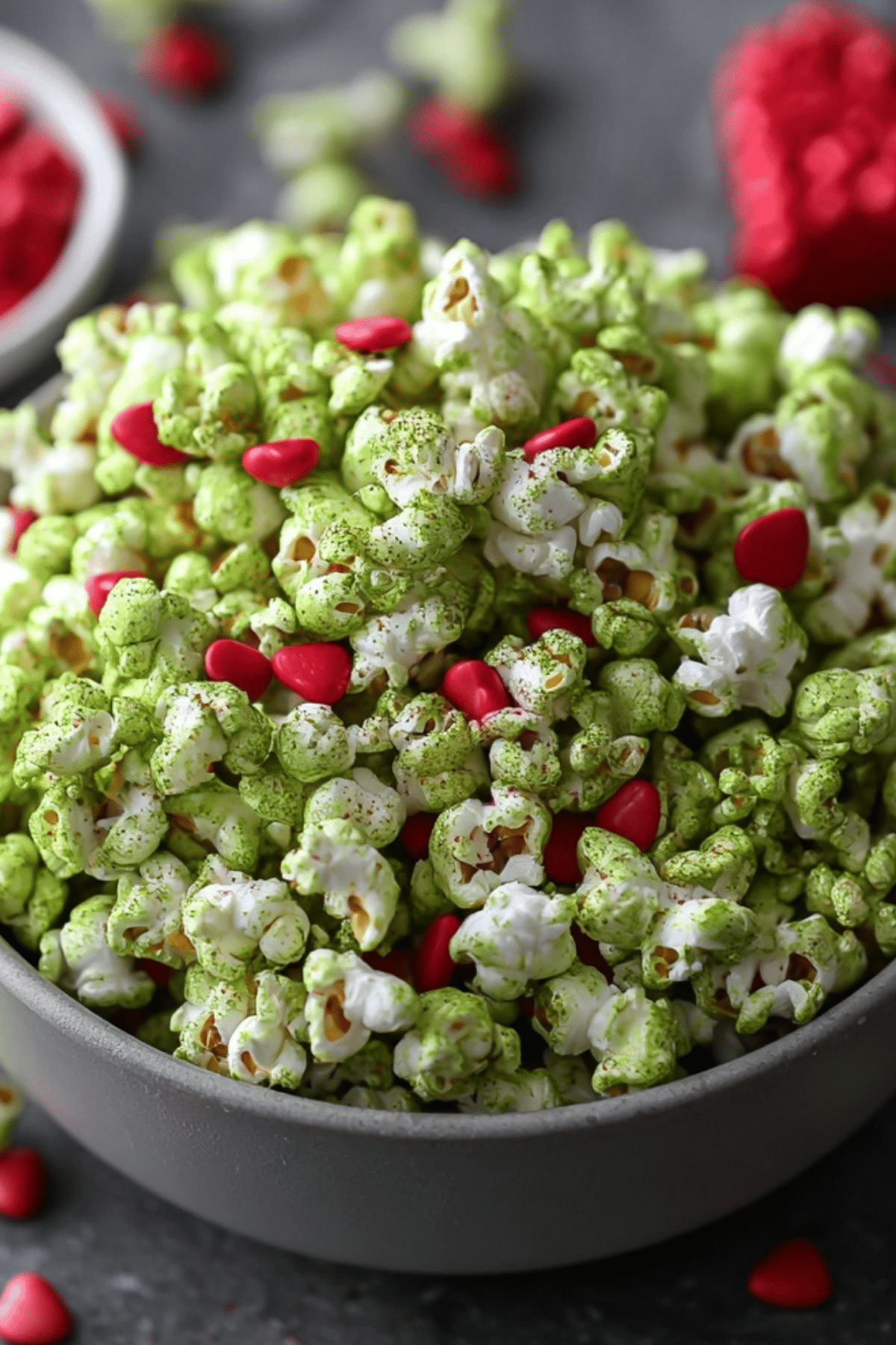 Grinch Popcorn holiday snack with green marshmallow glaze and red candy hearts