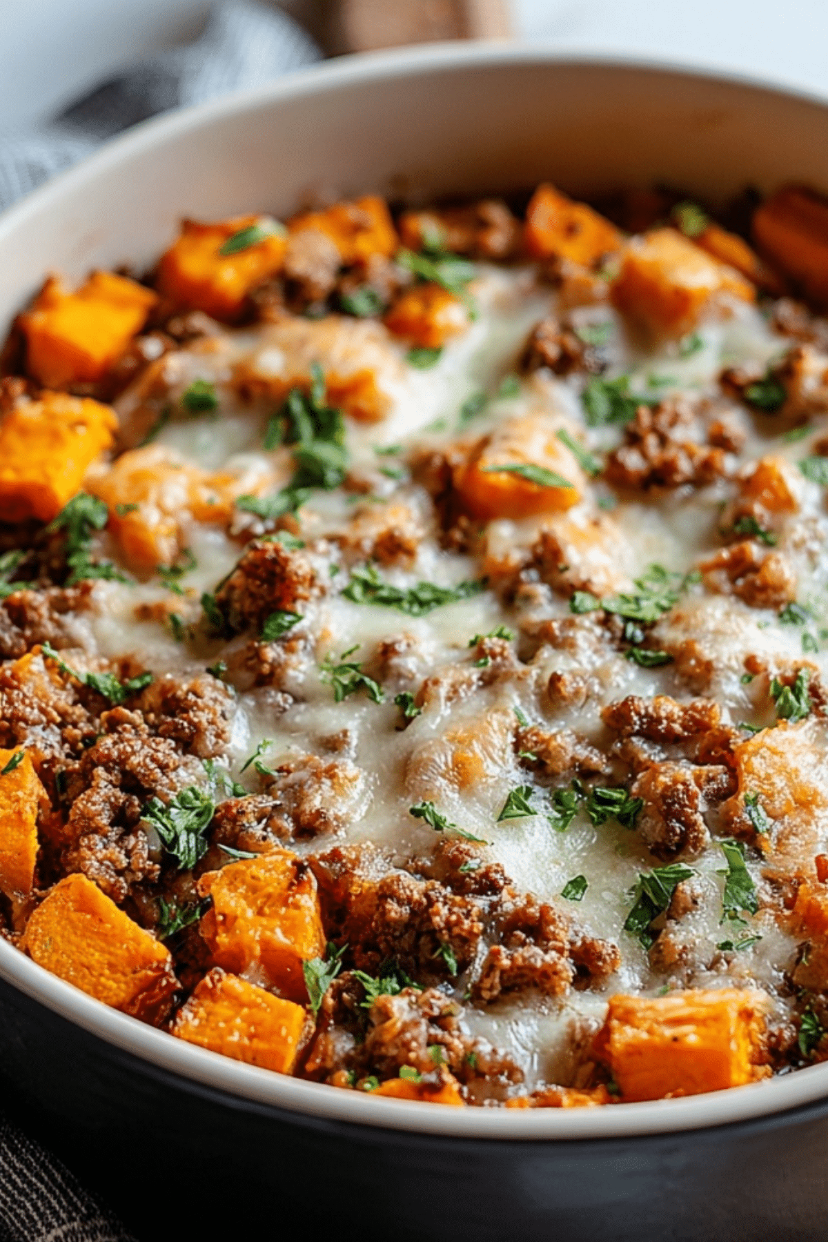 Ground Turkey Sweet Potato Bake with melted cheese on top