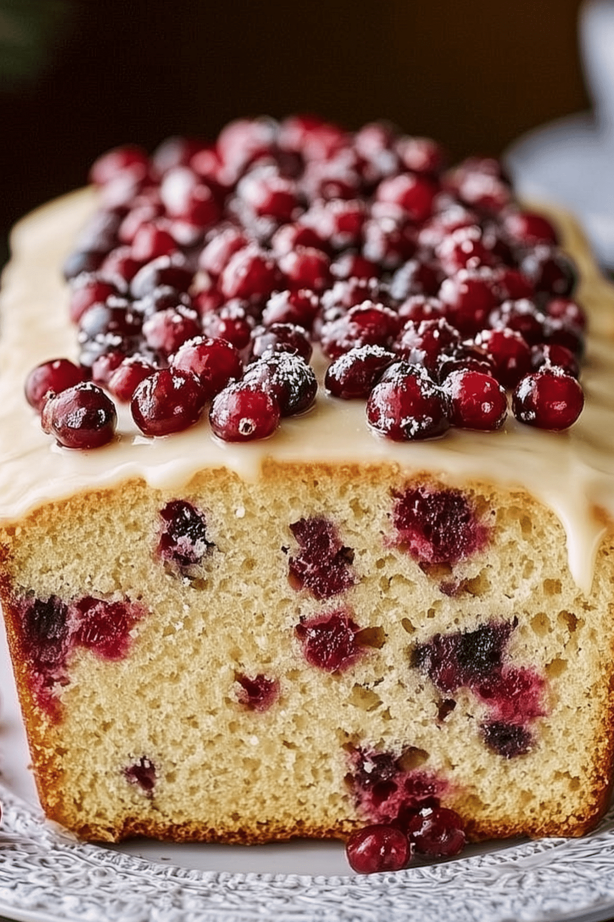 Heavenly Cranberry Pound Cake served with fresh cranberries