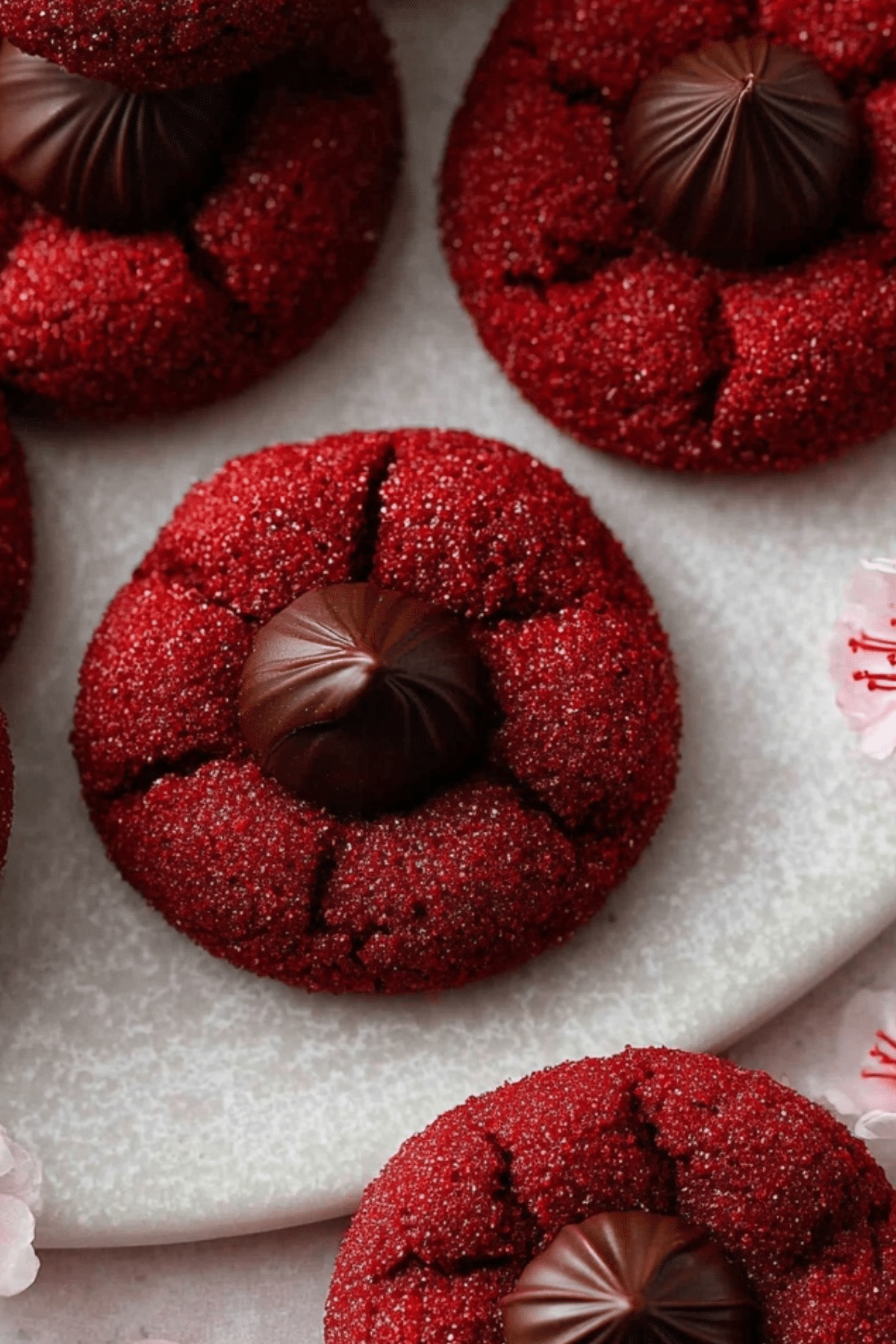 Hershey’s Red Velvet Blossoms Cookies on a plate with a Hershey’s Kiss on top