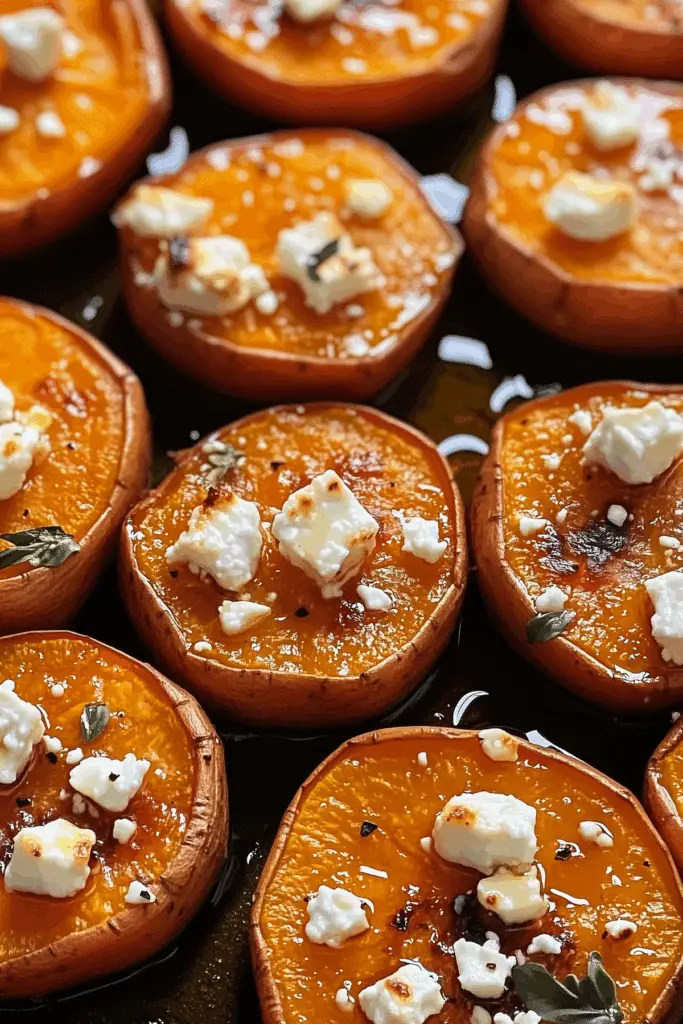 Honey Feta Sweet Potato Rounds served warm with feta, honey, and thyme