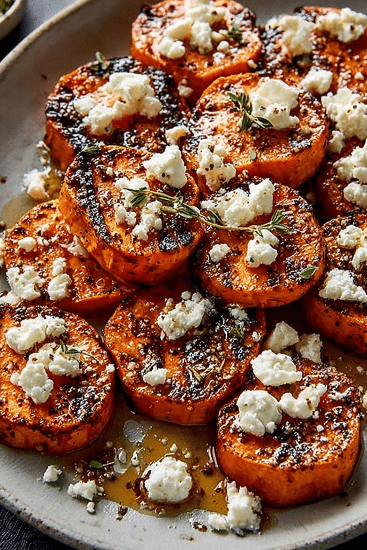 Honey Feta Sweet Potato Rounds served warm with feta, honey, and thyme