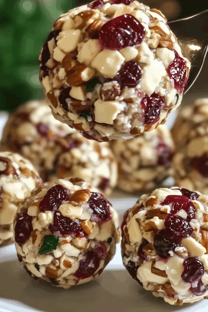 Mini Cranberry Pecan Cheese Balls served on a holiday platter